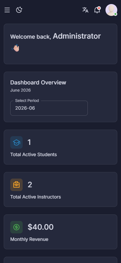 Kutab administrator dashboard with revenue chart and upcoming lectures