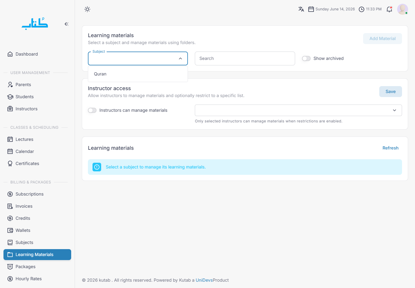 Learning materials subject picker