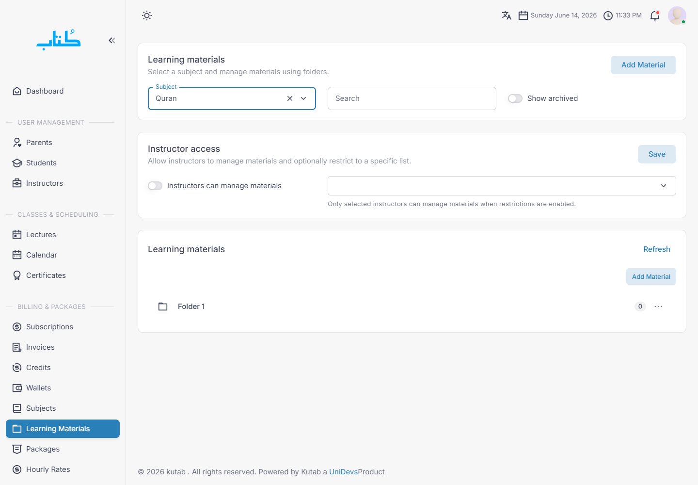 Learning materials after selecting a subject