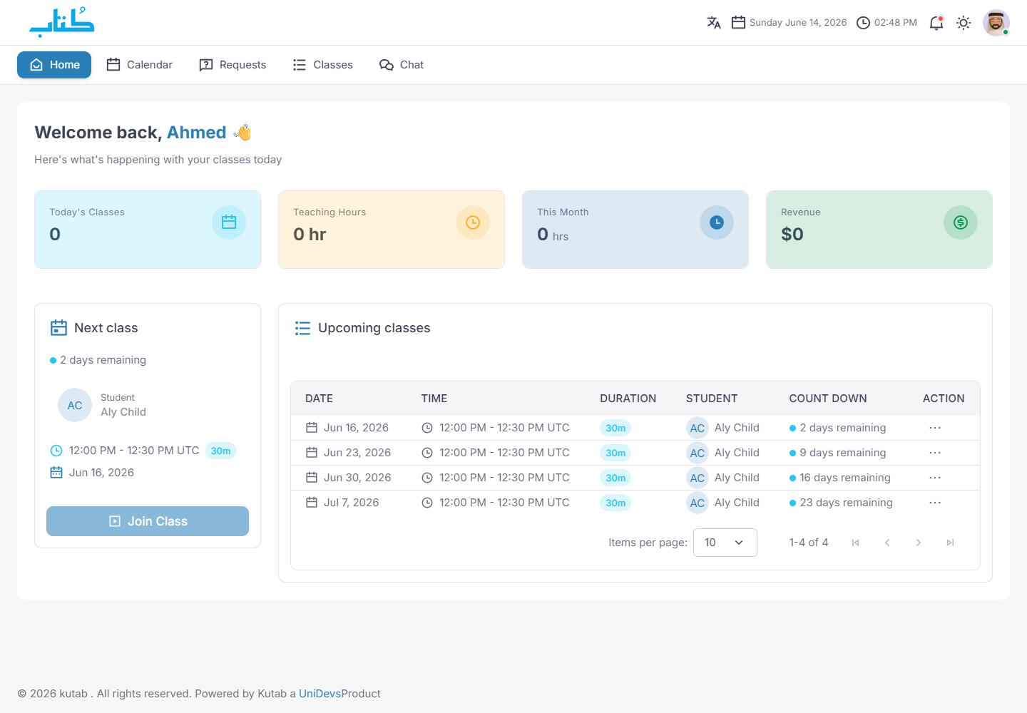Kutab instructor dashboard showing today's classes and join button