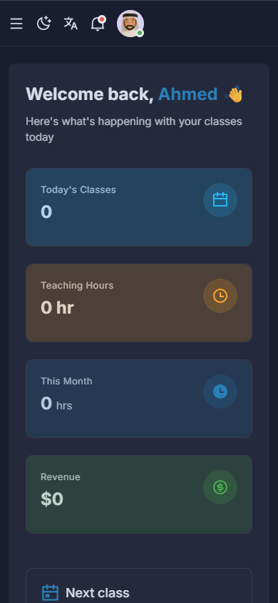 Kutab instructor dashboard showing today's classes and join button
